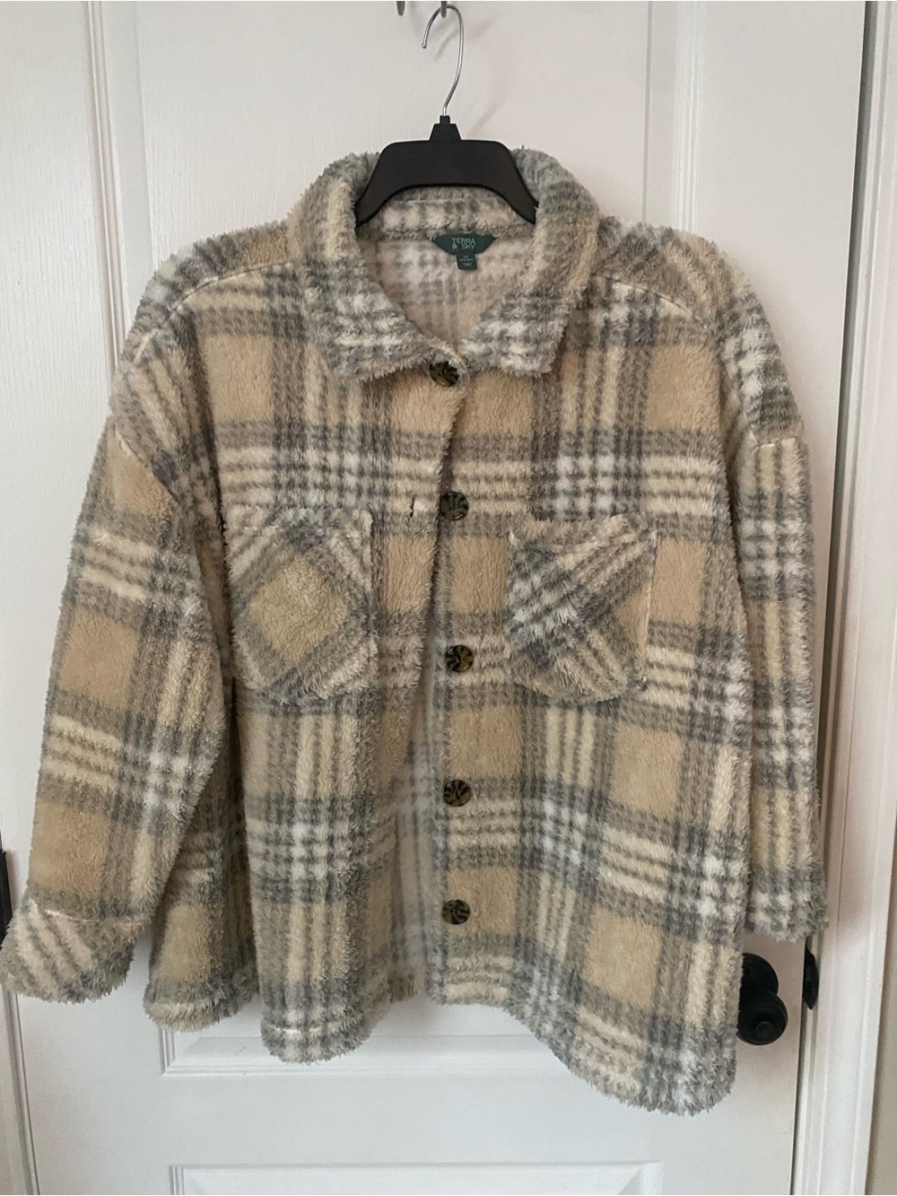 Terra & Sky Plaid Teddy Jacket in Beige and Gray